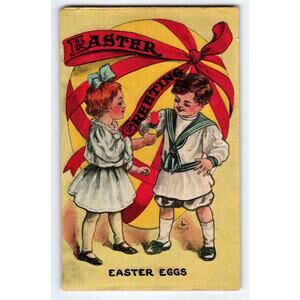 Vintage Easter Greeting Postcard Children with Easter Eggs Red Ribbon Antique